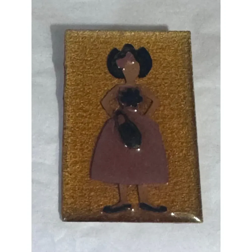 Lucinda Woman Pin Brooch Wood Girl Brown Dress Hat Vintage Figure
